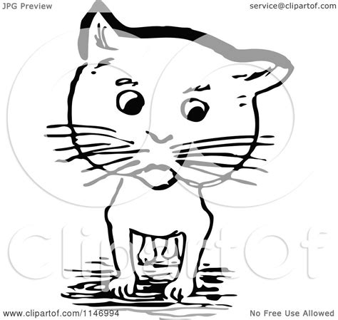 Clipart Of A Retro Vintage Black And White Cat Royalty
