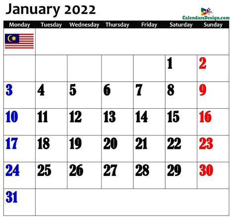 January 2022 Calendar Malaysia