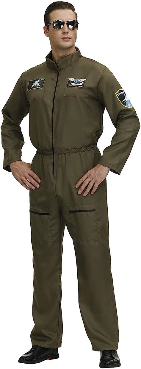 Frawirshau Adult Flight Suit Pilot Costume Mens Jumpsuit Long Sleeve