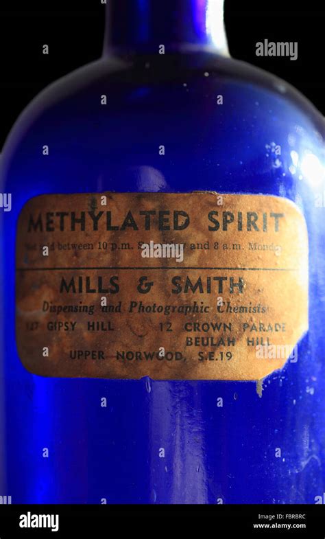 Blue Glass Methylated Spirits Bottle With Label Stock Photo Alamy