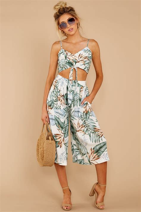 Chic White Tropical Two Piece Set Crop Top And Pants Set Set 52