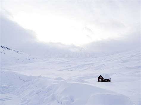 Snow Covered Lonely House Hut Cottage White Winter Landscape Norway