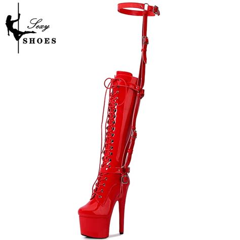 Women Erotic Red T Tied Knee High Boots Pole Dancing Fashion Boots Zip Stiletto Gothic Fetish