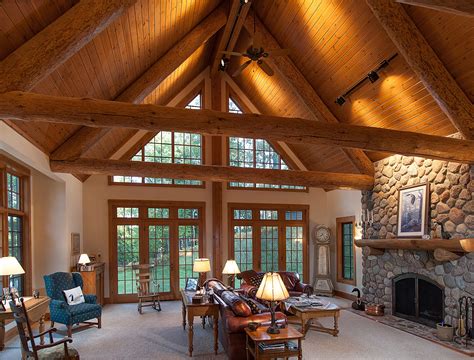 The Great Room Has A Wood Ceiling With Log Trusses Stone Fireplace And