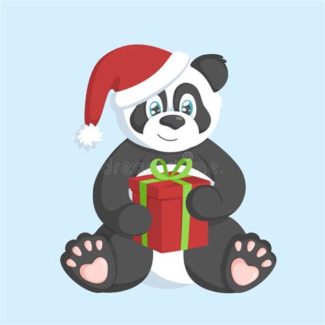 Cute Panda In Santa Hat With Red T Box Holiday Concept Stock Vector