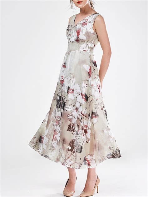Gray M V Neck Sleeveless Floral Chiffon Maxi Wedding Guest Dress