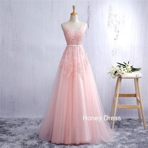 Honey Dress — Pink Tulle A Line Lace Applique Long Prom Dress Deep V