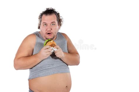 Portrait Of Funny Fat Man Eating Fast Food Burger Isolated On White