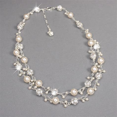 Unique Bridal Necklace Rhinestone And Pearl Charm Necklace Double