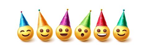 Emojis Birthday Characters Vector Set Emoji In Party Hats Birthday And