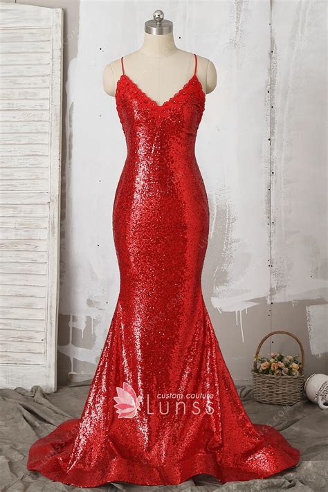 elegant beaded lace v neck red sequin mermaid prom dress lunss