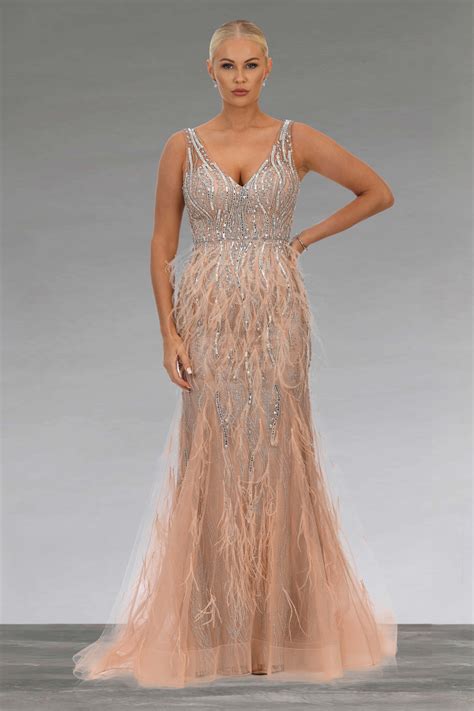 Full Length Beaded Dress With Feather Trim Af79767 Catherines Of Partick