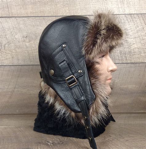 Fur Aviator Hat For Men Ushanka Trapper Bomber Cap Real Black