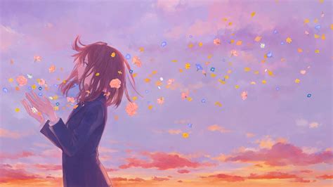 2048x1152 Anime Girl School Uniform Flowers Clouds 8k 2048x1152
