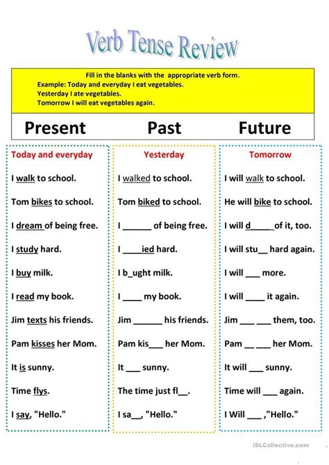 The Past And Present Tense Worksheet Is Shown In This Printable Version