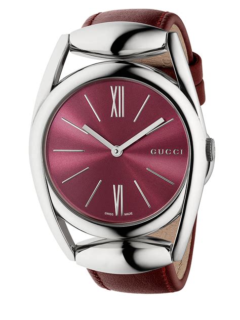 Gucci Horsebit Stainless Steel And Leather Strap Watchred In Red Silver