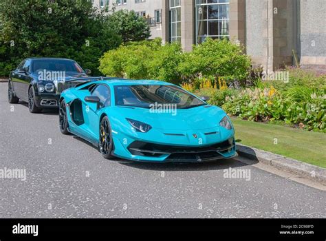 2019 Model Teal Blue Lamborghini Aventador Svj Sports Car Front Offside