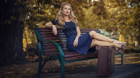 Wallpaper Women Outdoors Model Blonde Depth Of Field Long Hair Blue Dress Looking At