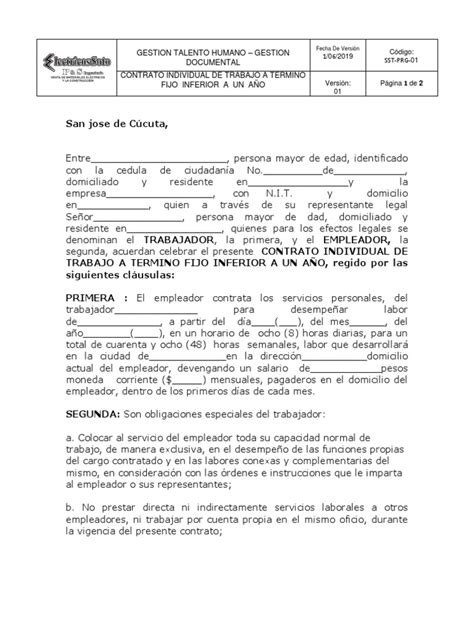 Modelo Contrato Individual A Termino Fijo Inferior A Un Año Salario