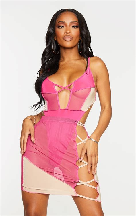 Shape Hot Pink Mesh Panel Side Bodycon Skirt Prettylittlething