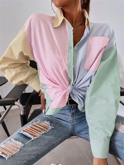 Striped Colorblock Button Front Blouse Blusa Larga A Rayas Camisa De