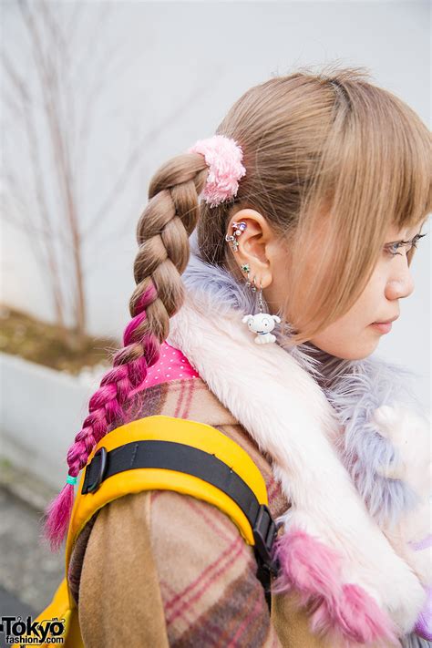 Harajuku Girl W Pink Twin Braids Unicorn Muffler And Handmade Plaid Coat