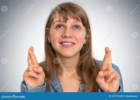 Woman Crossing Her Fingers For Good Luck Stock Photo Image Of Happy