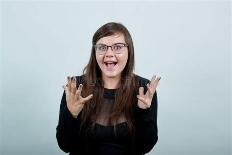 Woman In Shirt Looking Camera Spreading Hands Looking Funny Screaming Stock Image Image