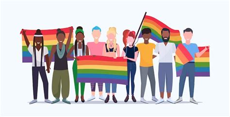 Premium Vector People Group Holding Rainbow Flag Lgbt Pride Festival
