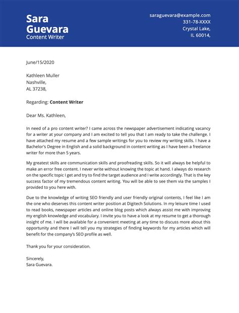 So dont copy your motivation letter from others, but make sure that the letter is tuned to the company and job you are applying for. Content Writer Cover Letter Example for 2021 | Priwoo