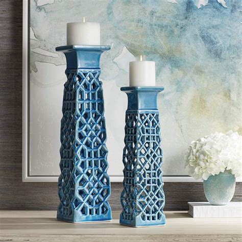 Lachlan Light Blue Ceramic Pillar Candle Holders Set Of 2 66k78