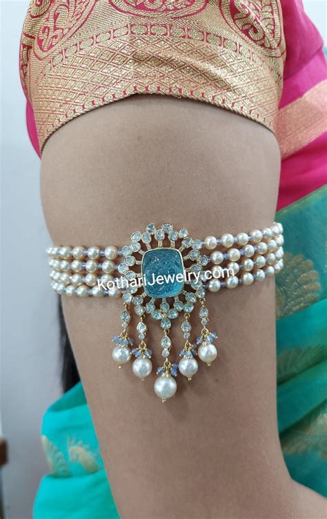 Designer Uncut Diamond Pearl Neck Choker Cum Bajuband With Tanzanite Beads