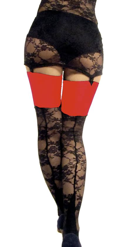 Black Seamed Cuban Heel Lace Stockings Red Spandex Top Etsy