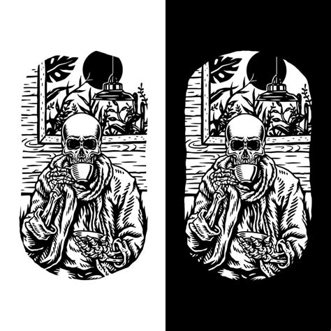 Vector Illustration Of Skull Drinking Coffee Isolated On Dark And