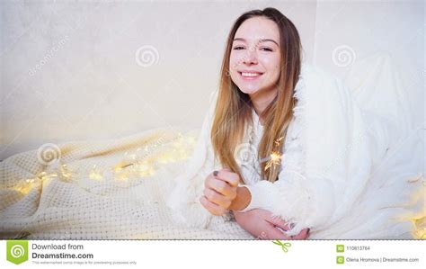 Pretty Woman Happy With Christmas Holidays Lying On Floor Cover Stock Photo Image Of Magic