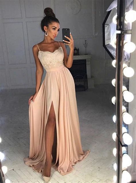 Spaghetti Straps Champagne Appliques Stain Prom Dresses With Slit Even