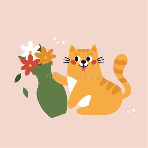 Funny Red Cat Breaks A Vase Of Flowers Happy Cat Character Vector