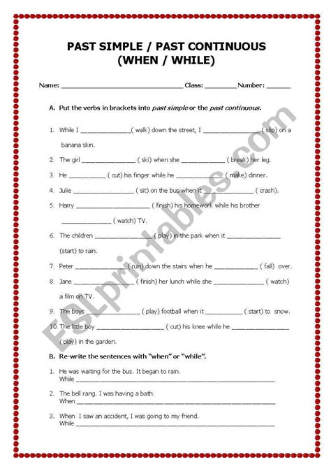 Past Simple Vs Past Continuous When While Esl Worksheet By Egungor