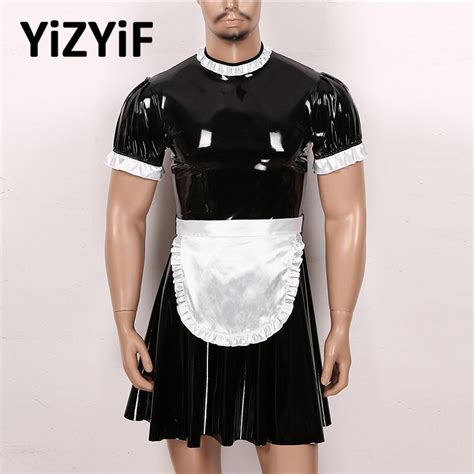 Mens Sissy Maid Cosplay Role Play Costume Set Wet Look Patent Leather Servant Maid Uniform Men