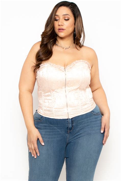 This Plus Size Woven Satin Lace Bustier Features A Strapless