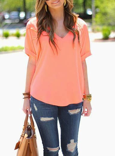 Womans Peach Colored Blouse Short Puffy Sleeves