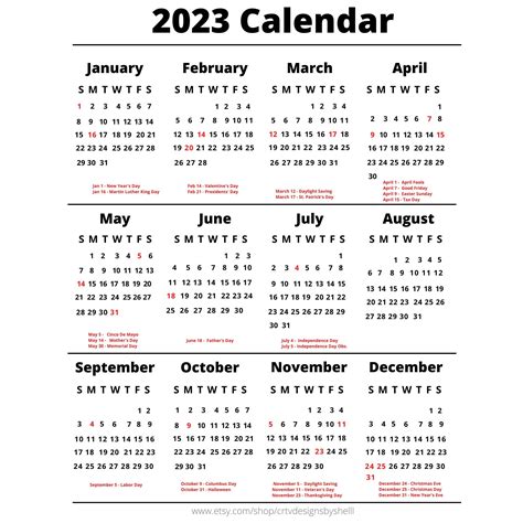 2023 Yearly Printable Calendar Including Holidays Etsy Canada In