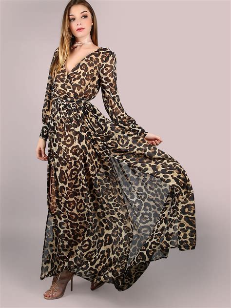 Shein Leopard Print Surplice Chiffon Maxi Dress Long Sleeve Chiffon