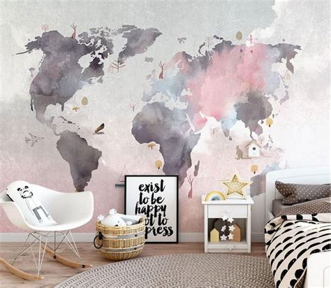 A Bedroom With A Pink And Grey World Map Wallpaper