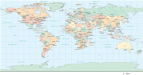 Rectangular Projection World Map With Countries And Major Cities