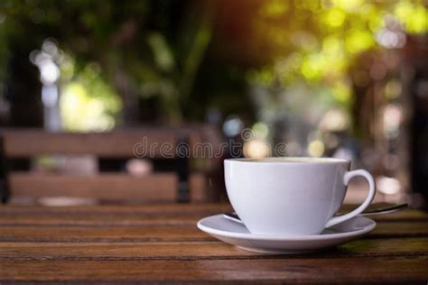 Wood Table With Cup Of Latte Coffee In Morning Garden Stock Image