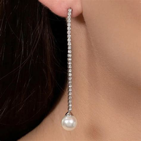 Fashion Long Chain Imitation Pearl Earrings Rhinestone Ball Tassel