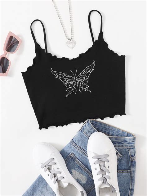 Black Casual Cotton Butterfly Cami Embellished Slight Stretch Summer