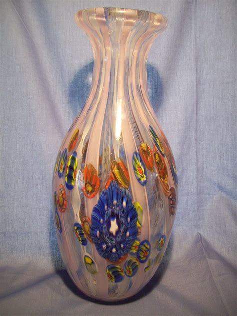 Tall Murano Glass Vase W Latticino And Murrines C 1950 From Glassalley