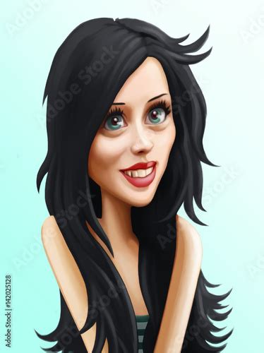 Cute Brunette Girl Pretty Cartoon Character With Black Hair Party